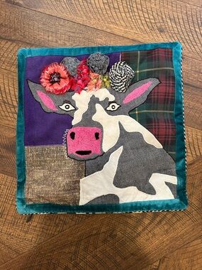 Mackenzie Childs FRIDA COW PILLOW Cover Courtly Check Back Artsy Beaded Colorful